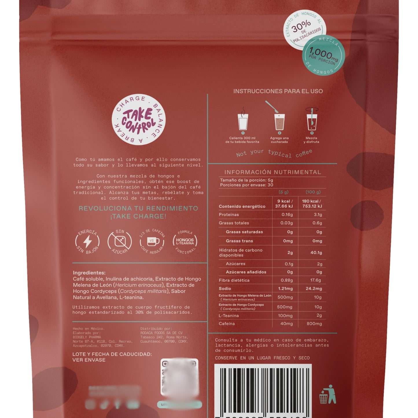 Café Soluble Sabor Avellana con Hongos Adaptógenos y Lteanina